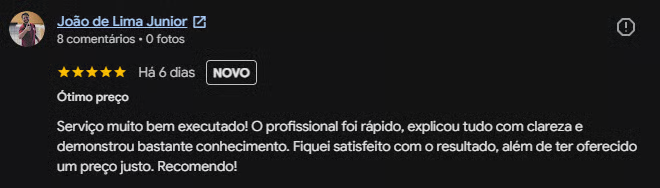 Avaliação 5 estrelas de João de Lima Junior no Google